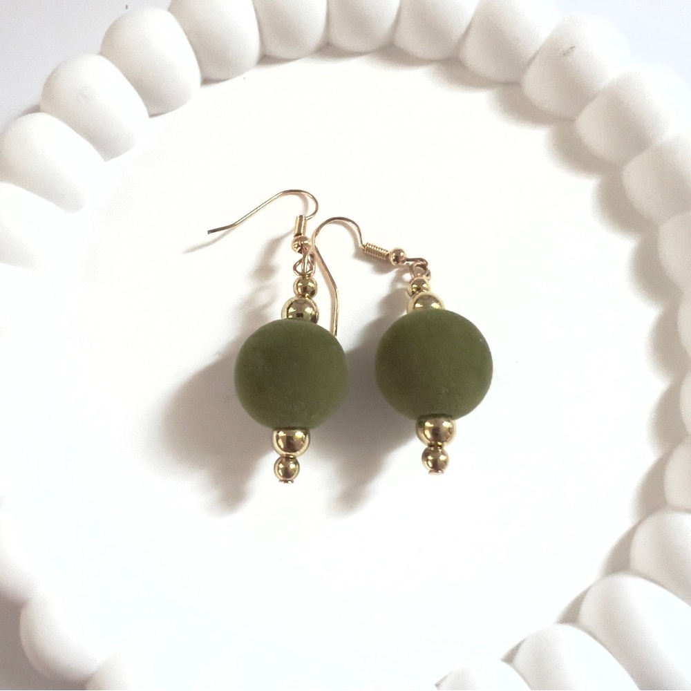 Olive Green Velvet Ball Dangle Earrings